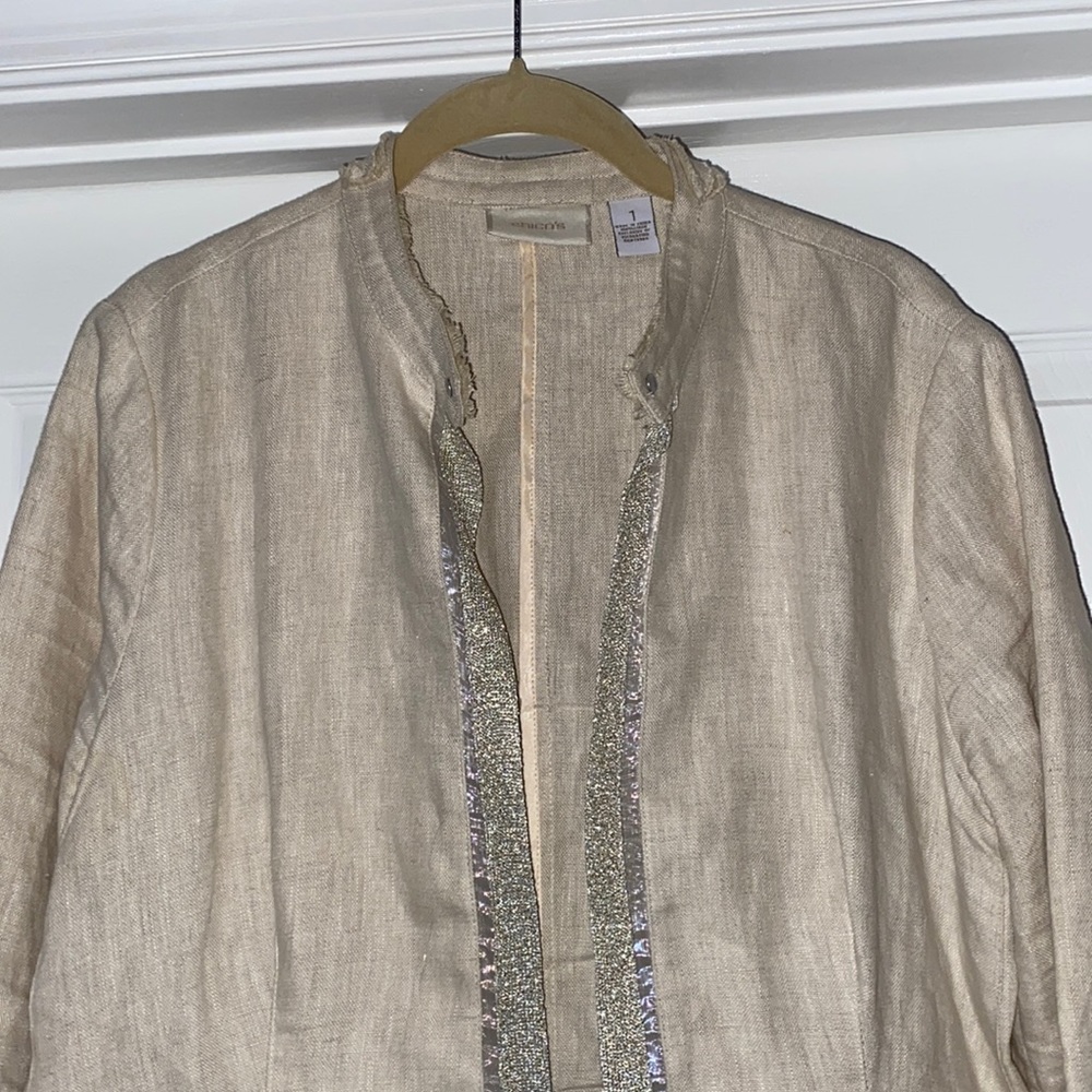 Chico’s linen jacket; gold trim